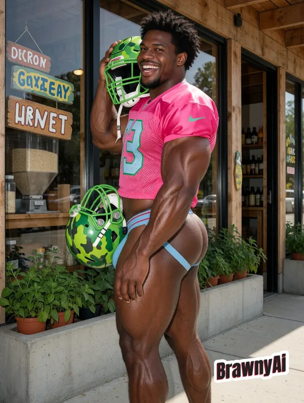 Muscular man in neon football jersey holding camo helmet against sunlit urban storefront with hanging garbled signs
