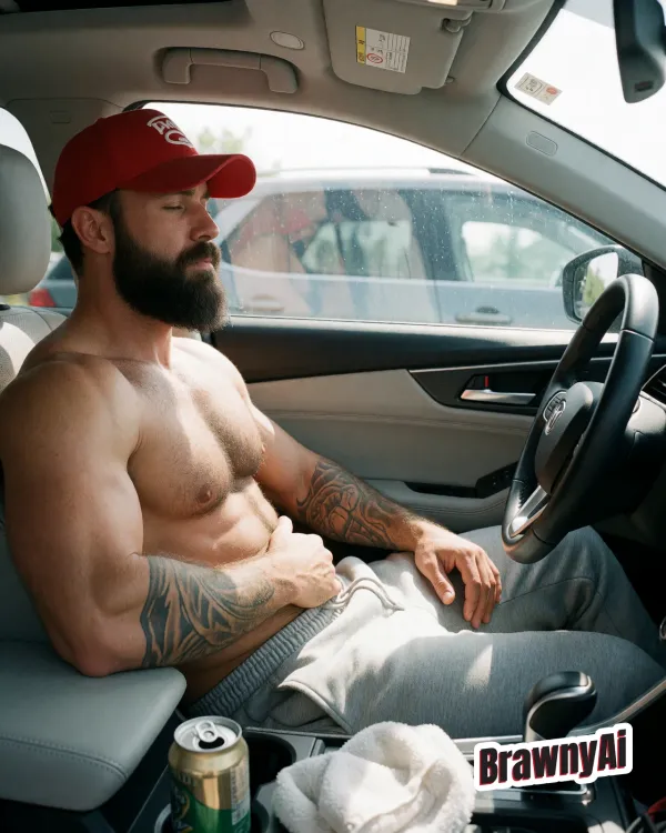 Shirtless muscular man with tattoos in white briefs leaning against a marble counter holding a yellow helmet with pink…