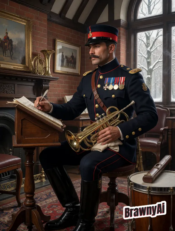 A decorated military officer in spiked helmet holding a brass trumpet beside sheet music near rain-streaked windows…
