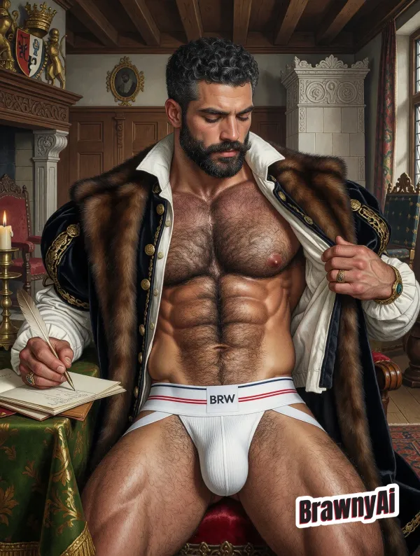 A muscular Renaissance nobleman with a red beard stands shirtless in an ornate study wearing white underwear labeled…