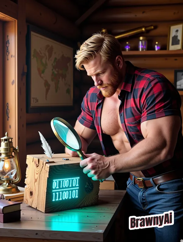 A muscular man in an unbuttoned plaid shirt examines a glowing binary-etched wooden box inside a rustic workshop filled 