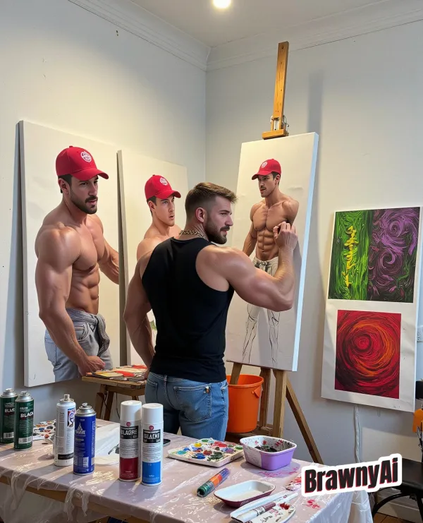 Three identical muscular men in red caps stand in a sunlit studio surrounded by abstract canvases and spray cans, gazing