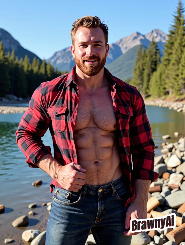 A muscular man in an open red plaid shirt stands knee-deep in a glacial lake with snow-capped peaks behind him under bri