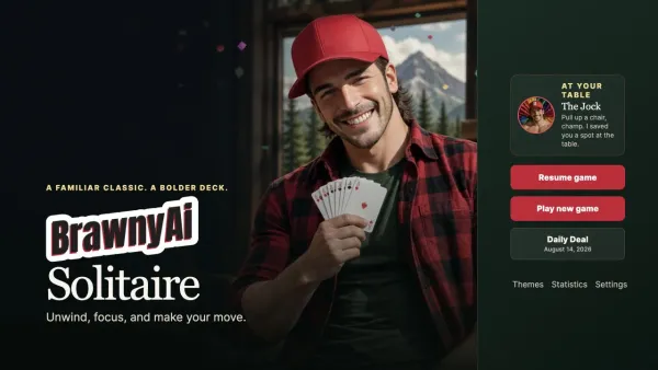 BrawnyAi Solitaire home screen with The Jock holding cards in a mountain lodge.