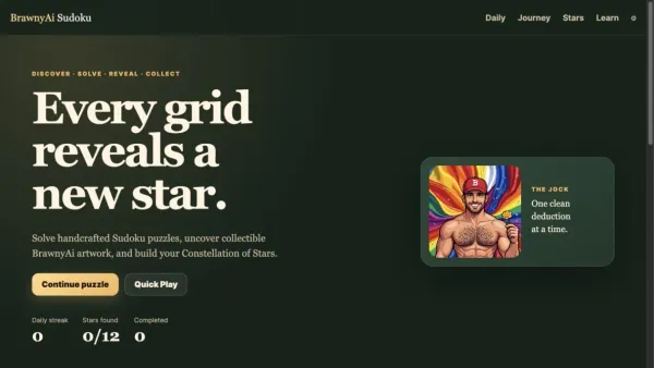 BrawnyAi Sudoku home screen with the Every grid reveals a new star headline and The Jock companion portrait.