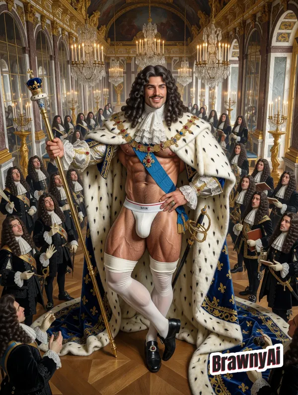 A muscular king in white briefs and crown holding a golden scepter in an ornate gilded hall surrounded by courtiers…