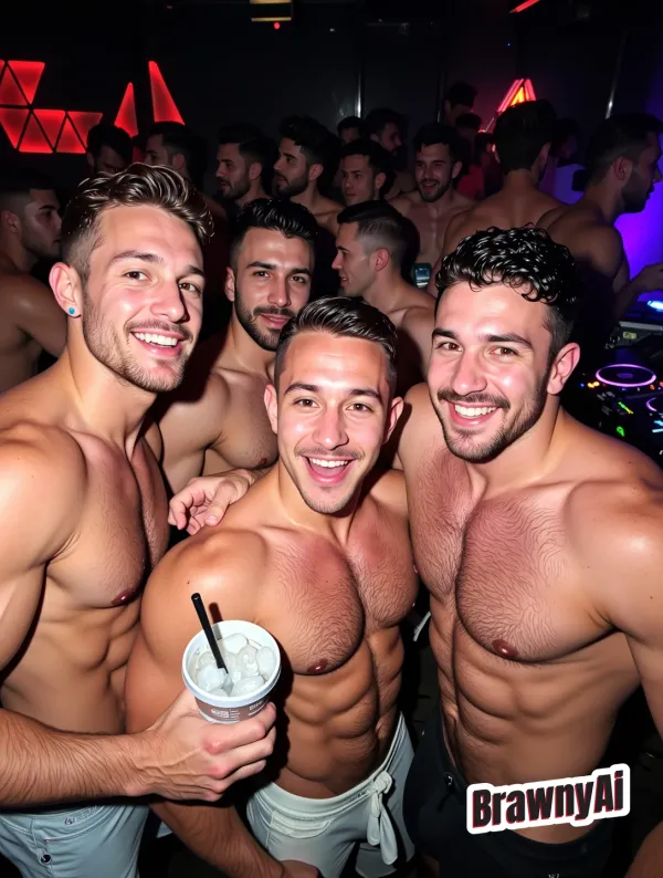 Four shirtless men smiling closely together in a dimly lit club with colorful background lighting and crowds visible…
