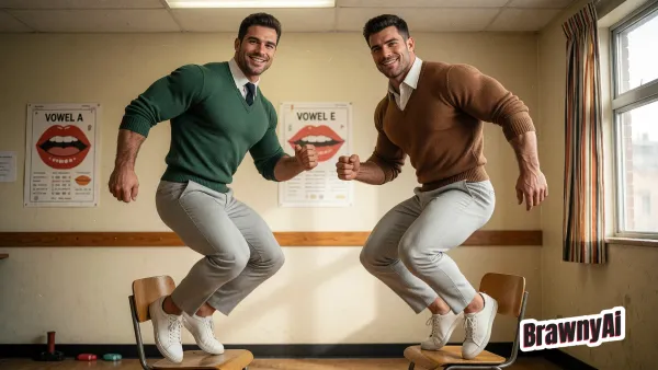 Two smiling muscular men in green and brown sweaters with trousers pulled down to reveal briefs, jumping on wooden…