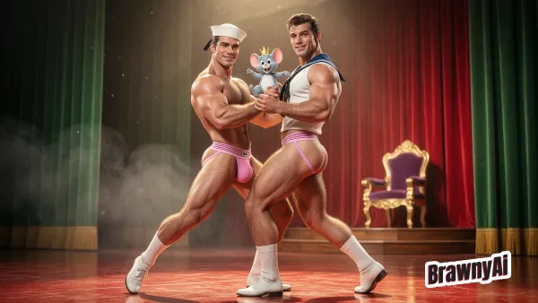Two muscular men in sailor outfits and pink briefs pose center-stage under spotlights holding a small mouse character…