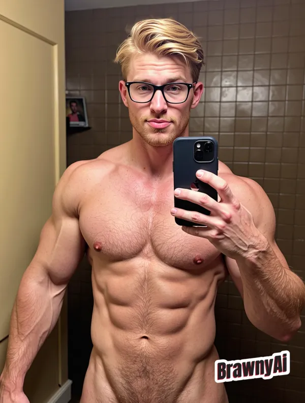 Shirtless muscular man with glasses taking a mirror selfie in a tiled bathroom holding a dark smartphone, BrawnyAi…