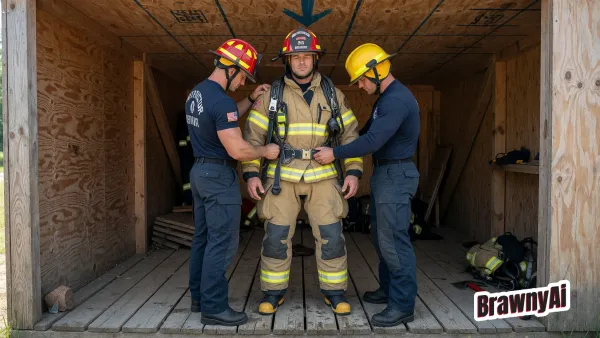 Three men in firefighter gear and uniforms inside a wooden shed; one central figure in full turnout gear while two…