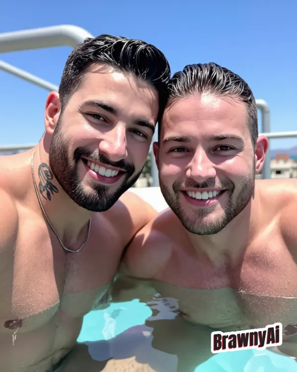Two smiling shirtless men with beards and short hair posing close together in a sunlit swimming pool under clear blue…
