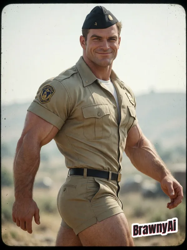 Muscular man in a khaki military-style shirt and cap wearing matching shorts, smiling outdoors against hazy hills…
