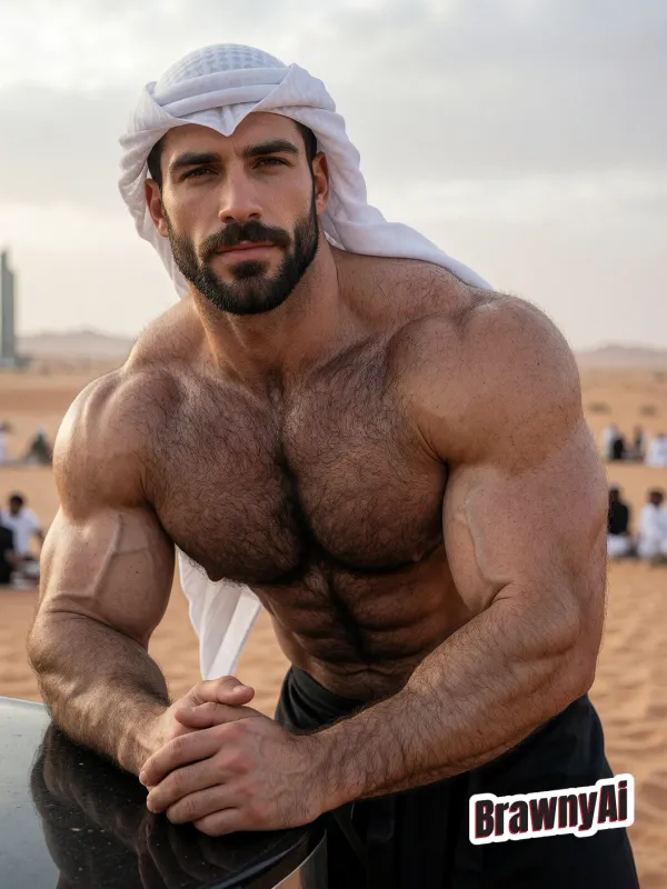 Muscular man with beard wearing white desert headwrap, leaning on a dark surface against a sandy background with…