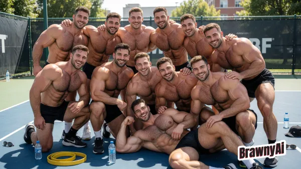 A large group of shirtless muscular men posing together on a blue tennis court with water bottles, yellow equipment…