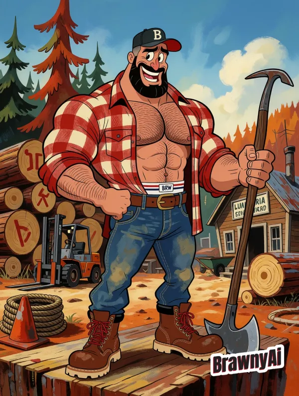Muscular lumberjack in red plaid shirt holding an axe on a wooden platform with stacked logs and pine forest behind.
