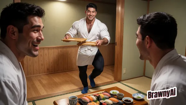 A muscular server in white robes carrying wooden trays into a tatami room where two smiling guests await sushi on a…