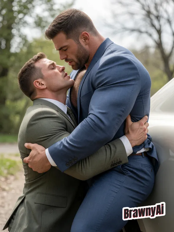 Two muscular men in suits embracing outdoors near a white car; one wears blue, the other olive green, with natural…