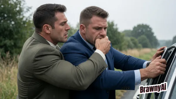 Two muscular men in suits leaning against a car door under an overcast sky with tall grass and trees in the background.