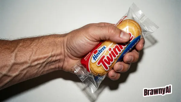 A muscular arm with visible veins gripping a Hostess Twinkie in clear packaging against a plain wall; BrawnyAi…