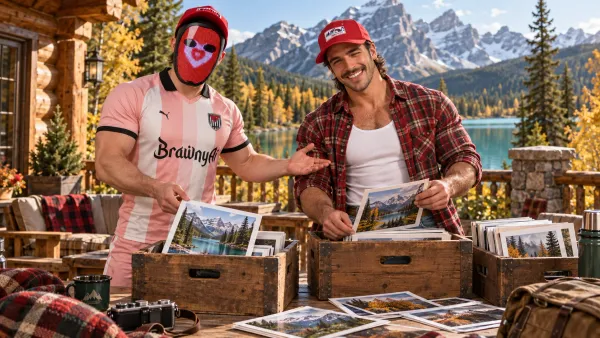 B in his LED heart mask and The Jock opening archive crates on an autumn lodge terrace in Lumberlandia