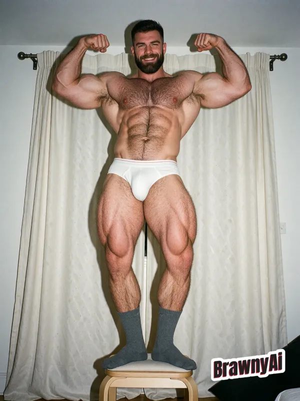 Muscular bearded man in white briefs and gray socks standing on a small stool, both arms flexed against light-colored…