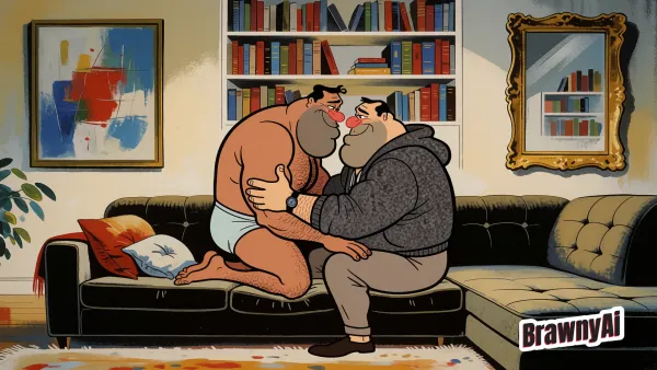 Cartoon-style scene of two bearded men embracing on a black leather sofa in a bookshelf-lined room with framed art on…
