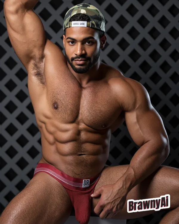 Shirtless muscular man with chest hair wearing a camouflage cap backward and red briefs posing against a black…