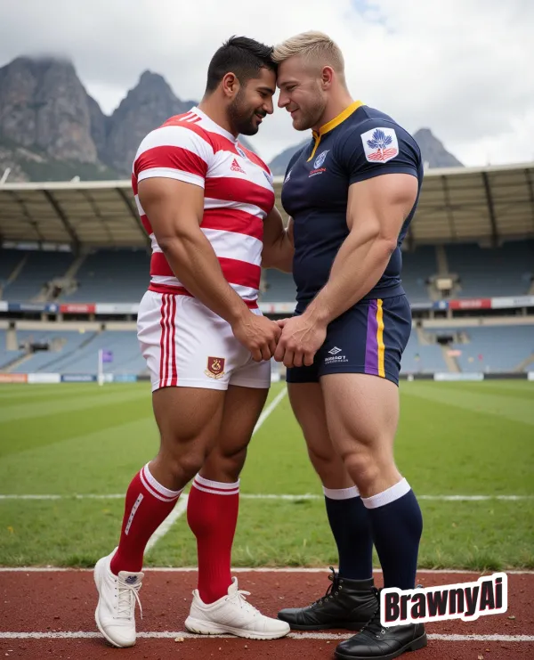 Two muscular rugby players in team kits holding hands at chest height, foreheads touching on a stadium track with…
