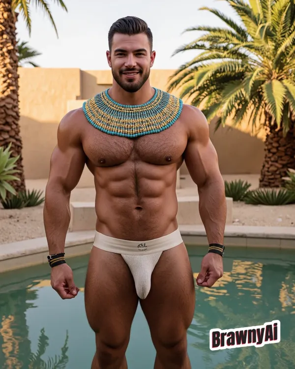 Muscular man with dark hair and beard wearing an ornate blue-and-gold Egyptian-style neck collar, white briefs…