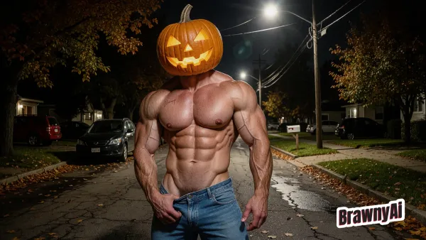 Muscular male torso with glowing jack-o’-lantern head standing on a suburban street at night under overhead lights…