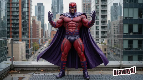Muscular red-and-purple costumed figure with flowing cape standing on an urban rooftop against high-rise buildings…