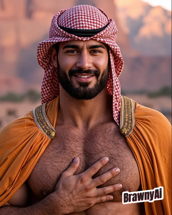 Muscular man in red-and-white checkered keffiyeh wearing an orange cloak over bare chest, hand on chest, desert…