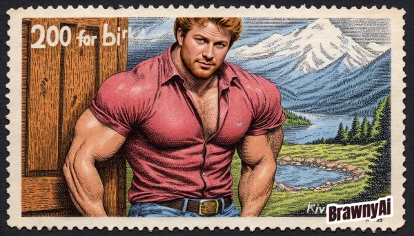 Vintage-style postage stamp illustration of a muscular man in a red shirt and jeans leaning against wood with…