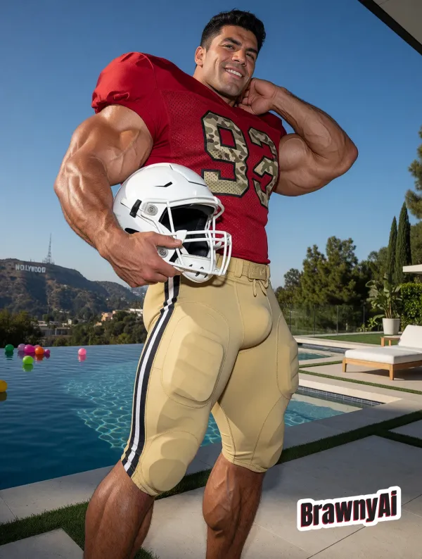 Muscular man in red football jersey and tan pants holding a white helmet beside a sunny pool with hills in the…