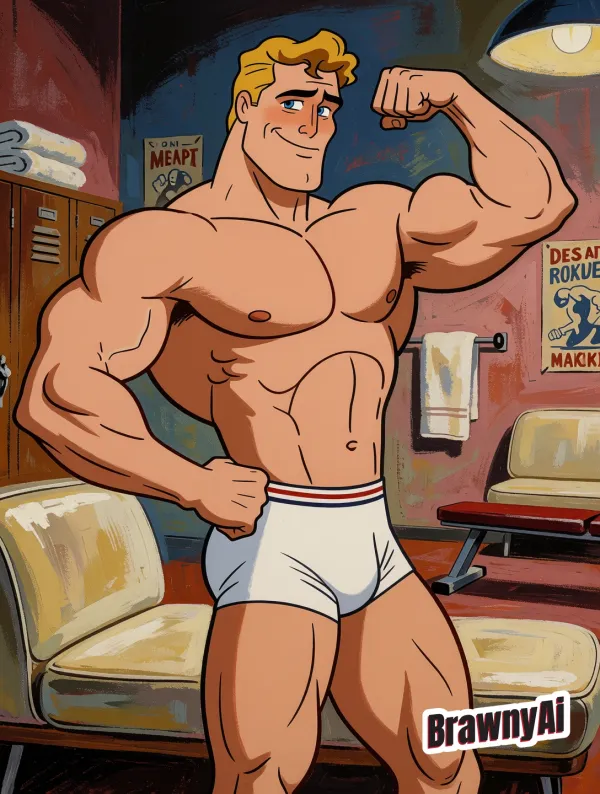 Cartoon-style muscular blond man in white briefs flexing bicep in a locker room with posters and benches visible.