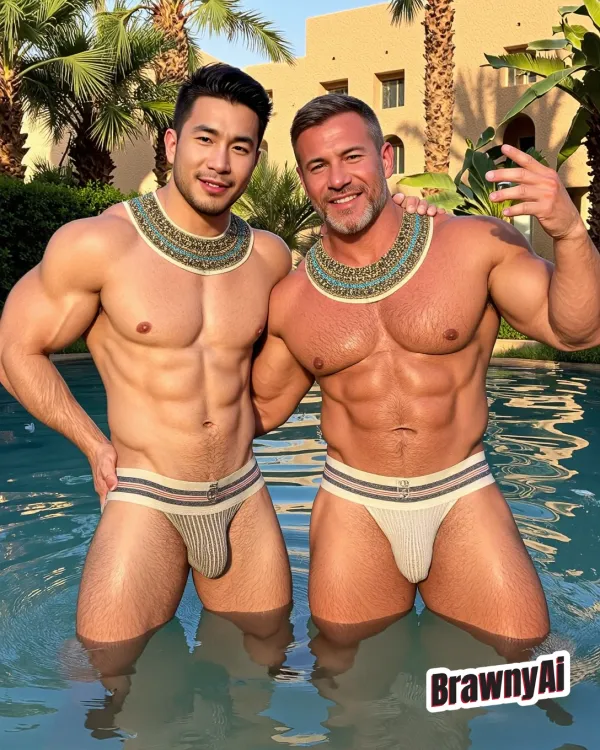 Two muscular men standing chest-deep in a sunlit swimming pool wearing ornate Egyptian-style necklaces and striped…