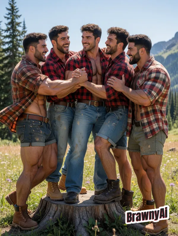 Five muscular men in red plaid shirts and denim shorts laughing while linking arms on a tree stump with mountains and…